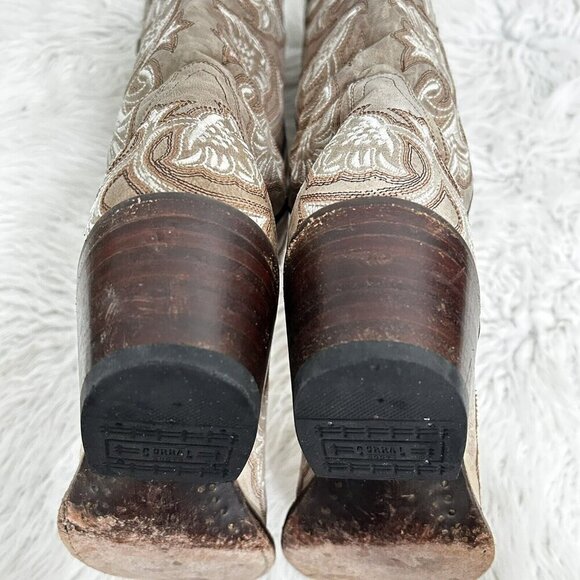 Corral Floral Full Stitched Cowboy Boots Beige Pull On Pointed Toe Leather 9.5 B - Picture 10 of 12